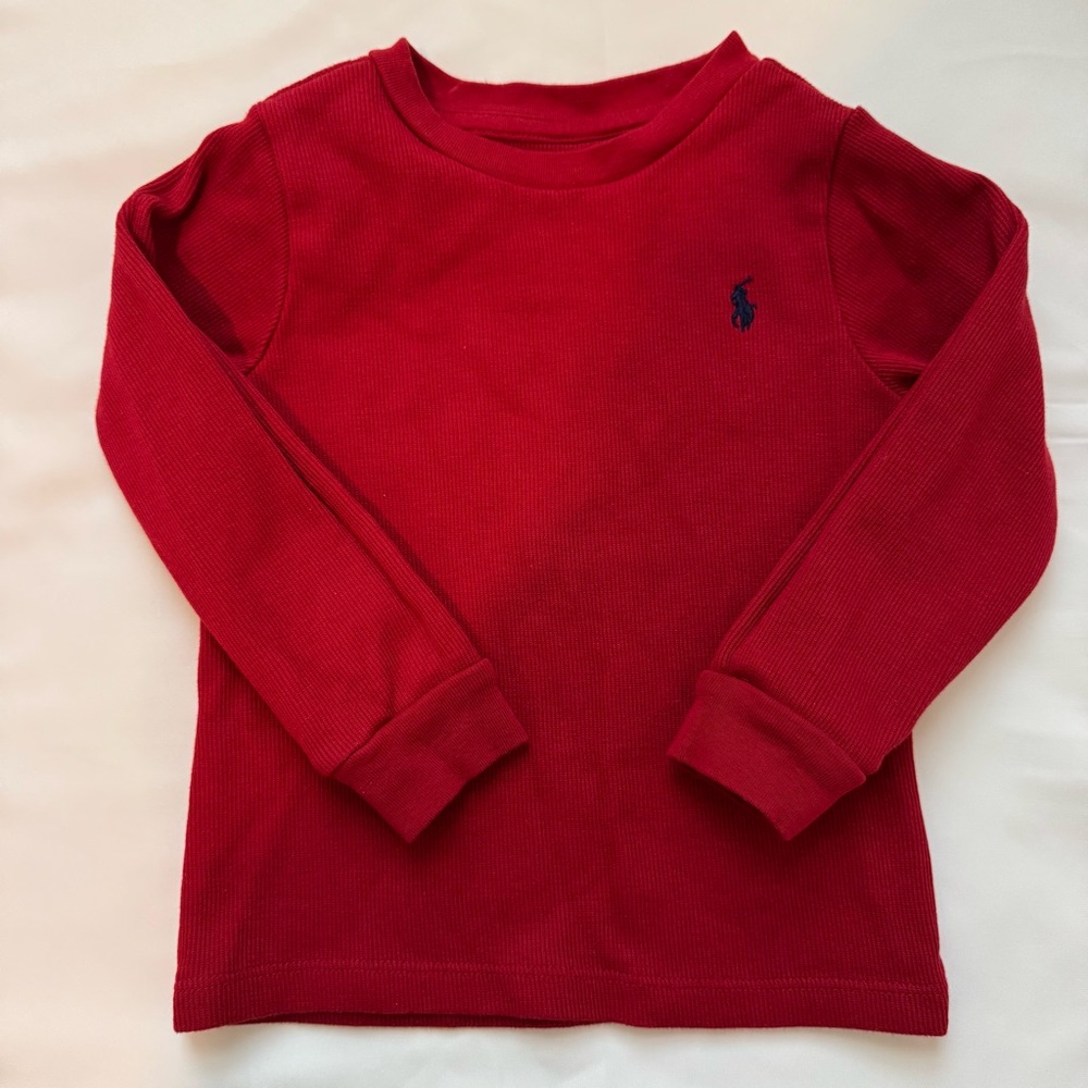 Boys Ralph Lauren Red Long Sleeve Waffle Knit Shirt 24 Months Pony Logo